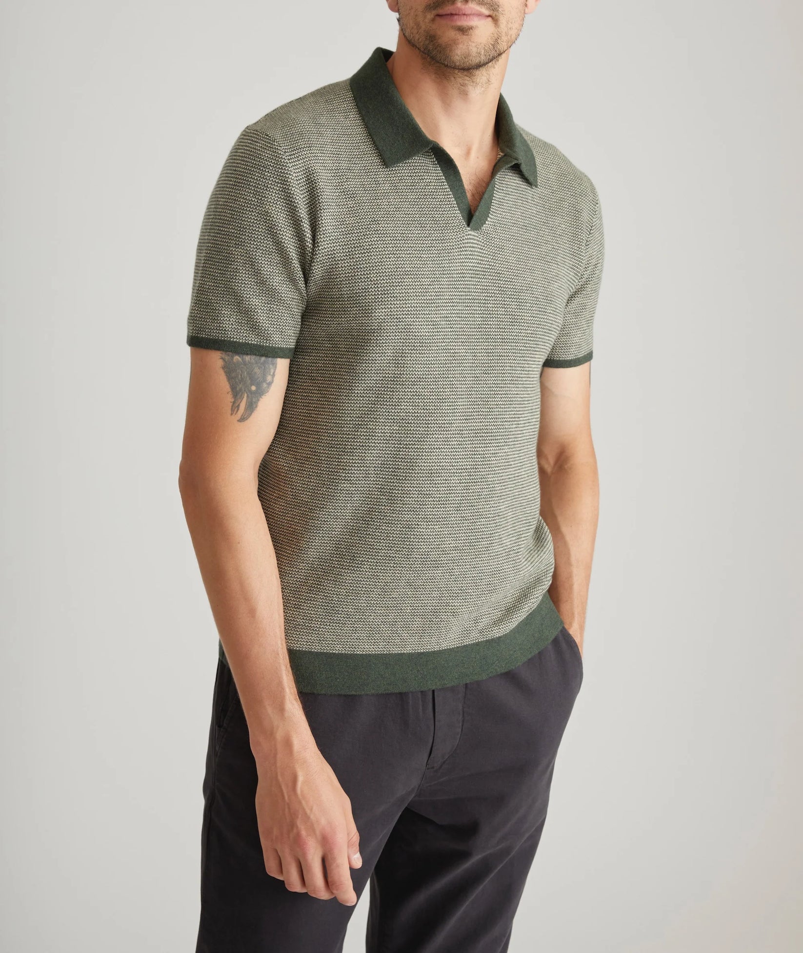 MARINE LAYER LIAM SWEATER POLO IN OLIVE/DRIFTWOOD in OLIVE/DRIFTWOOD — view 2