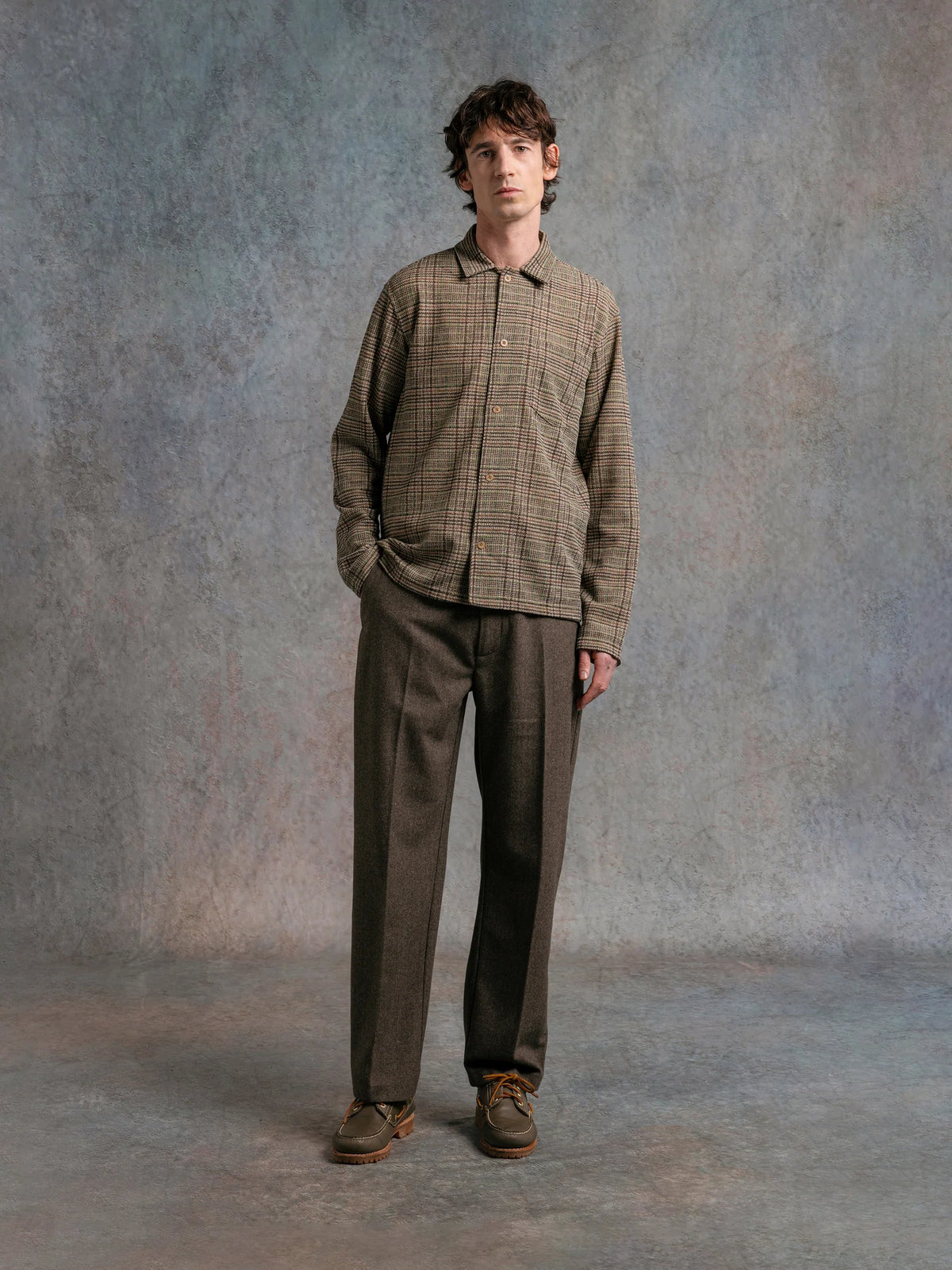 KESTIN PORTREE OVERSHIRT IN PEAT PRINTED CHECK JERSEY