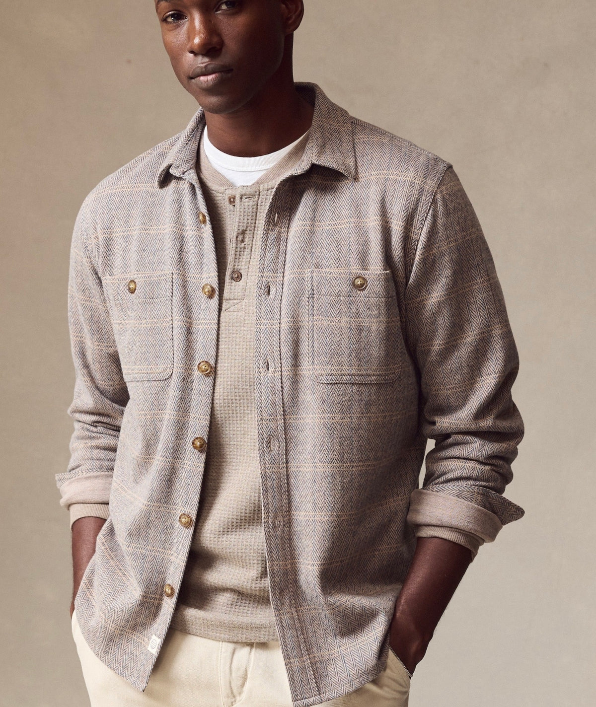 MARINE LAYER PACIFICA STRETCH TWILL OVERSHIRT IN BROWN PLAID HERRINGBONE