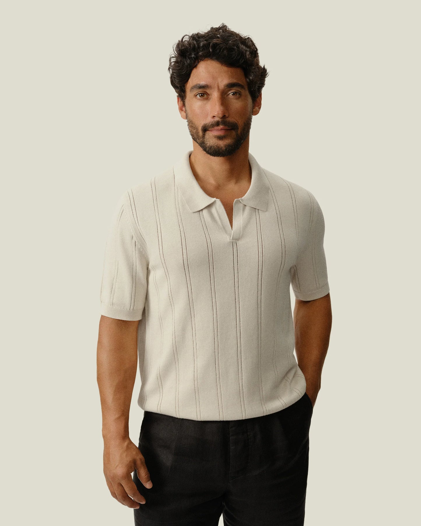 ALEX CRANE LOLO DROP NEEDLE SWEATER POLO IN SHELL