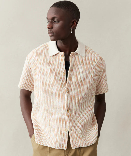 Les Deux - LES DEUX EASTON KNITTED SS SHIRT IN CAMEL AND IVORY - Rent With Thred