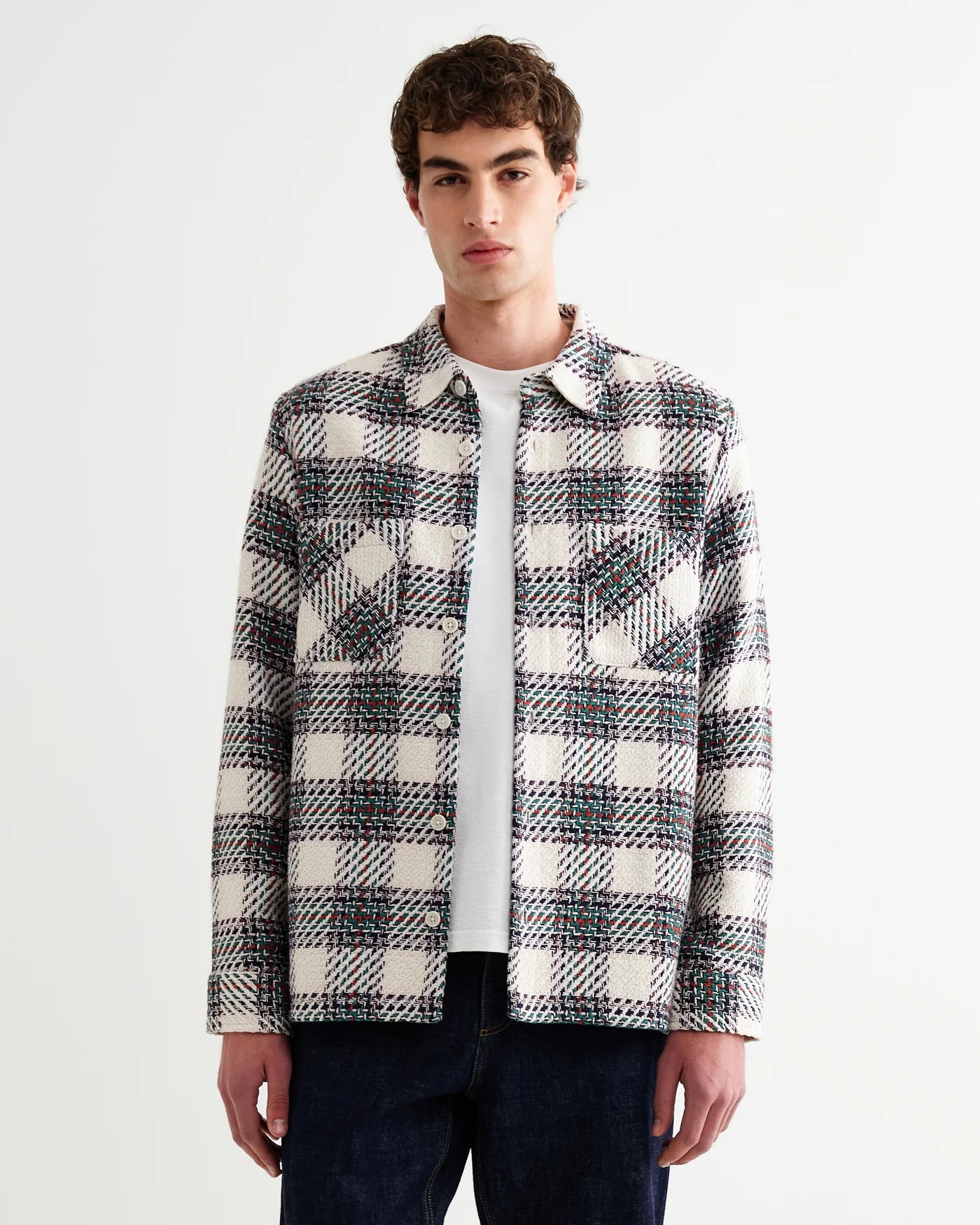 WAX LONDON OVERSHIRT IN ECRU AND GREEN HUTTON CHECK in ECRU AND GREEN HUTTON CHECK — view 2