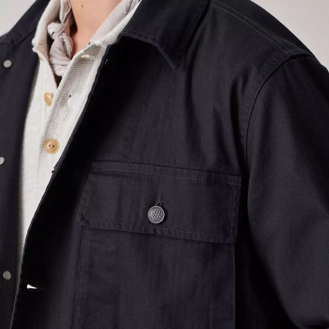 BUCK MASON HERRINGBONE TWILL FATIGUE SHIRT IN SOFT BLACK VENICE WASH