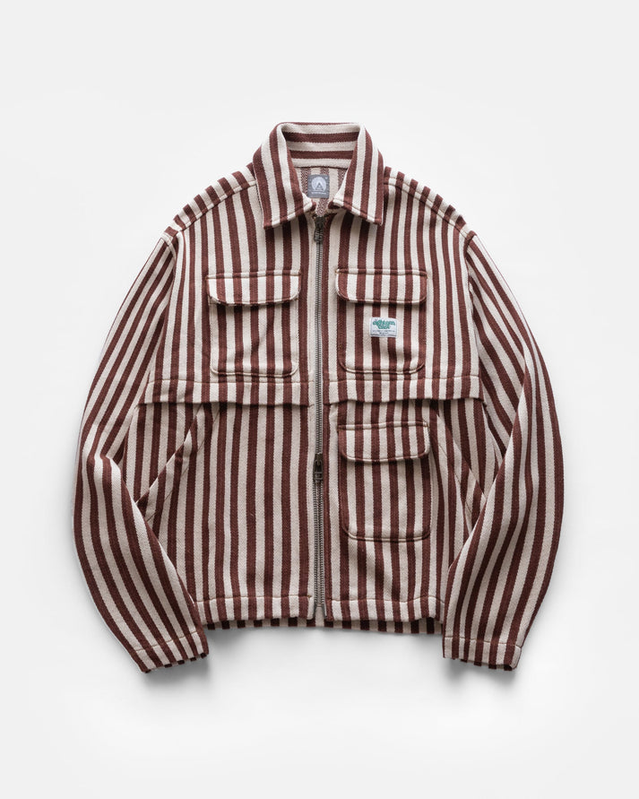 18 EAST ABAIR CHORE JACKET IN ECRU / SIERRA RUSSET AWNING STRIPED HERRINGBONE DENIM