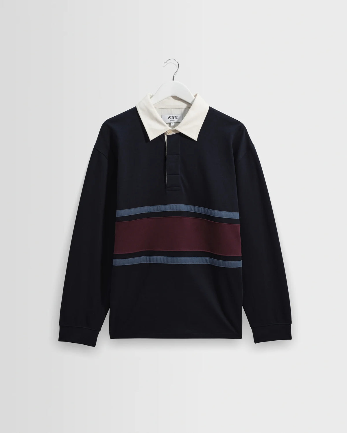 WAX LONDON ROWHILL RUGBY SHIRT IN NAVY AND PURPLE STRIPE