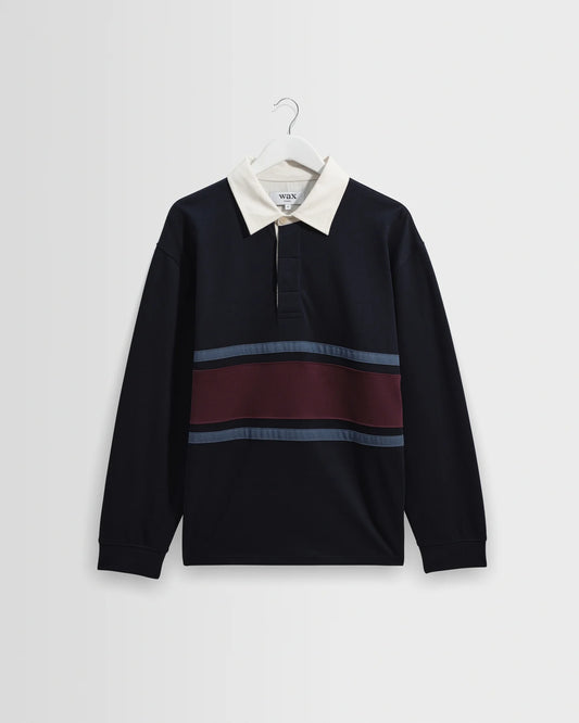 WAX LONDON ROWHILL RUGBY SHIRT IN NAVY AND PURPLE STRIPE