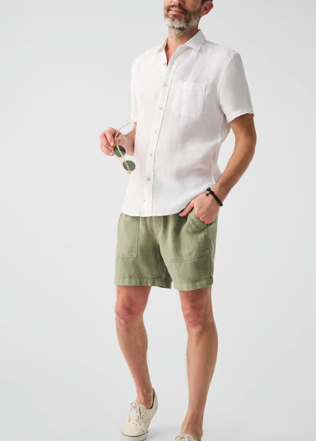 FAHERTY SHORT-SLEEVE LINEN LAGUNA SHIRT IN BRIGHT WHITE BASKETWEAVE