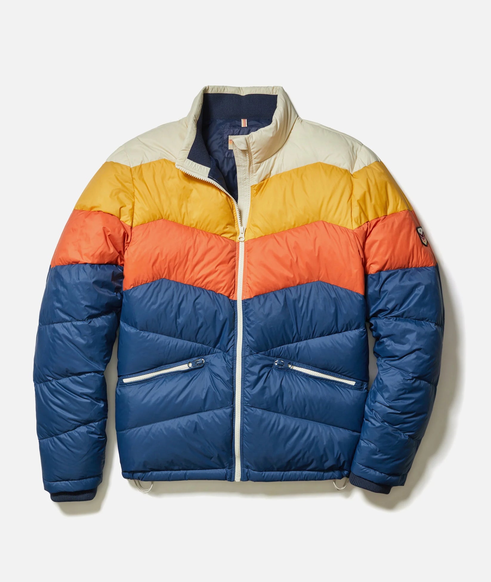 MARINE LAYER COLORBLOCK PUFFER JACKET IN BLUE/ORANGE COLORBLOCK in BLUE/ORANGE COLORBLOCK — main product view