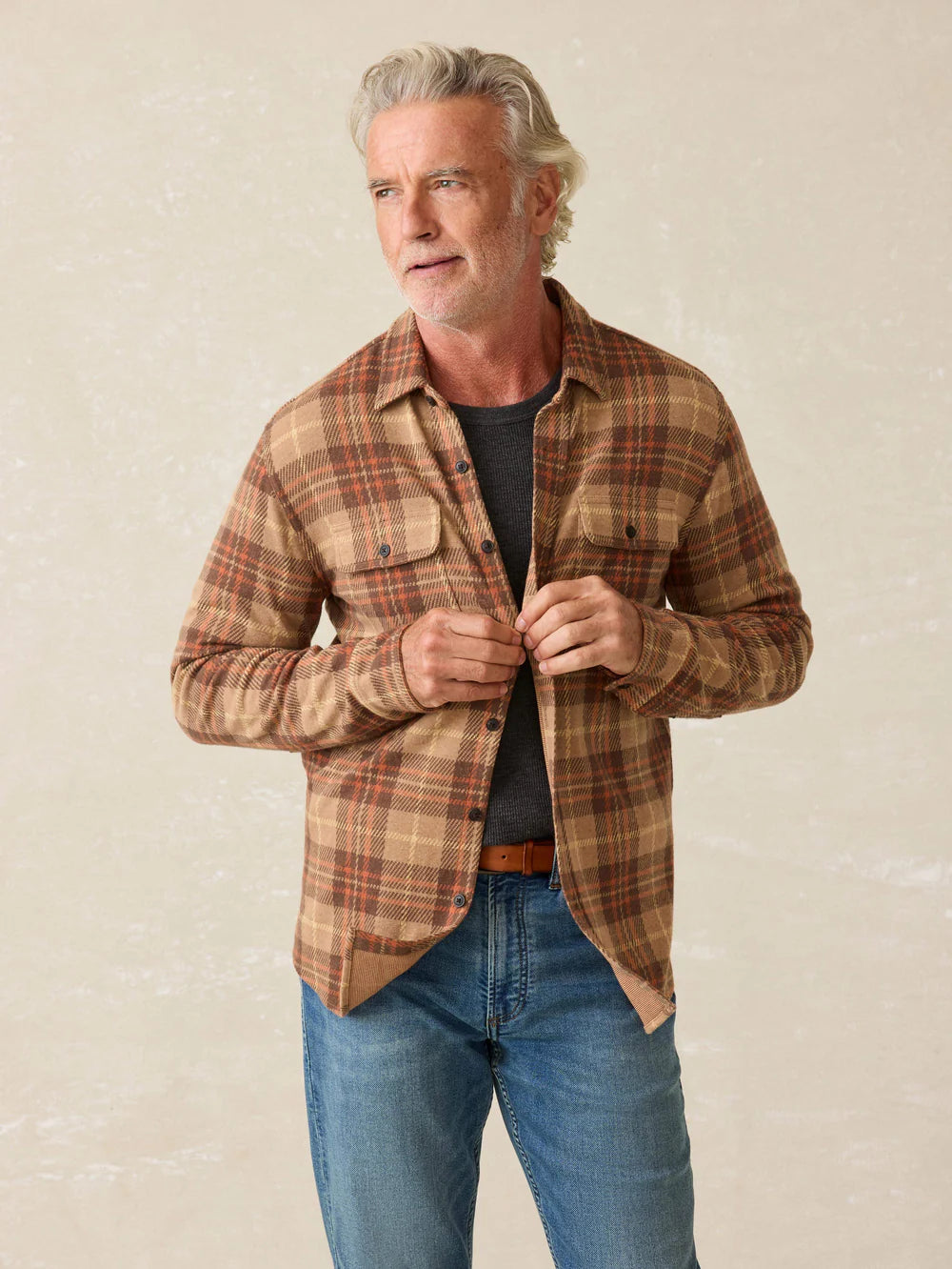 FAHERTY LEGEND SWEATER SHIRT IN CEDAR SANDS PLAID