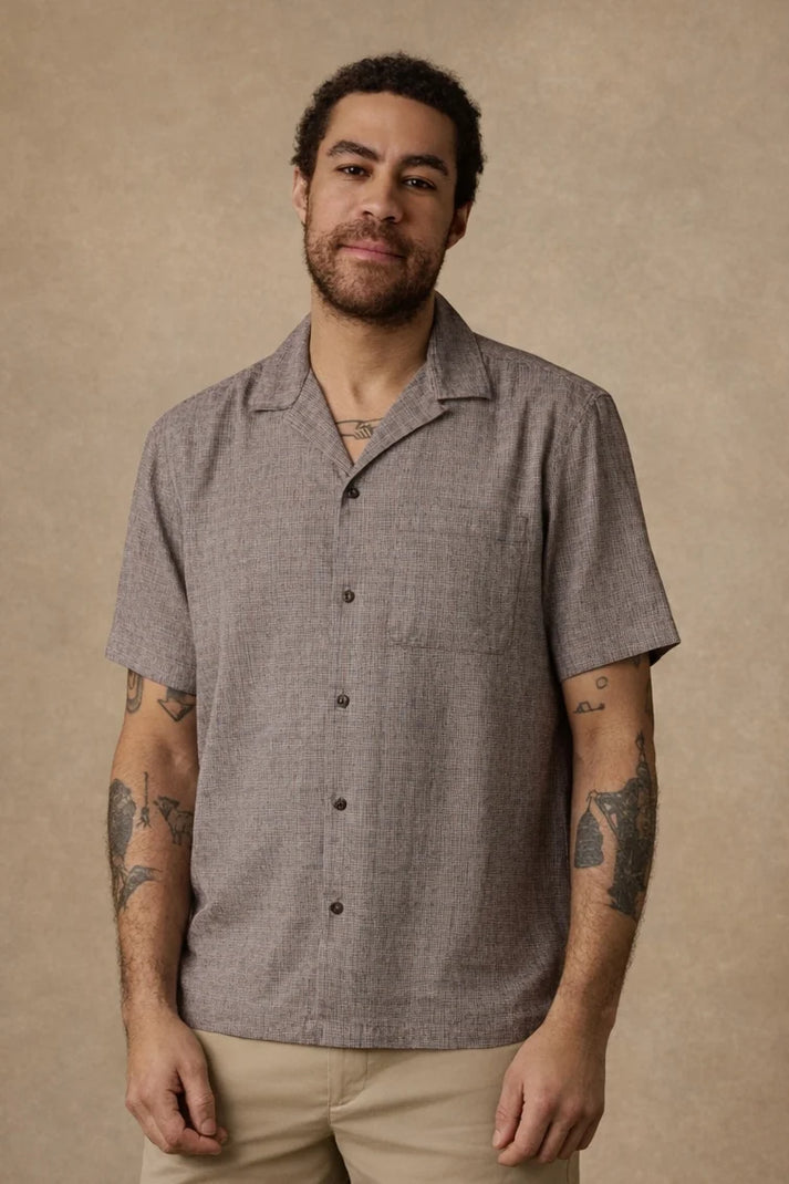 FAHERTY SS BREEZE CAMP SHIRT IN BURGUNDY WOOD CHECK