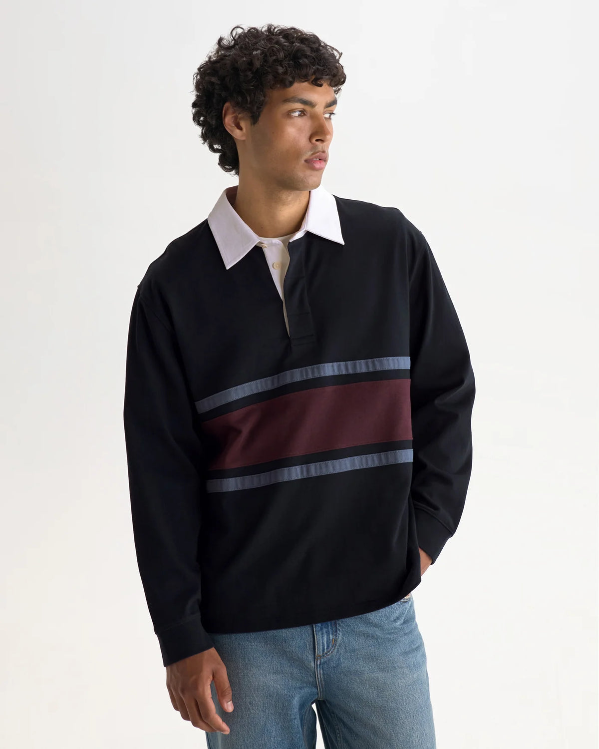 WAX LONDON ROWHILL RUGBY SHIRT IN NAVY AND PURPLE STRIPE