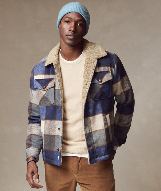 MARINE LAYER CASEY SHERPA JACKET IN NORDIC BLUE BUFFALO PLAID