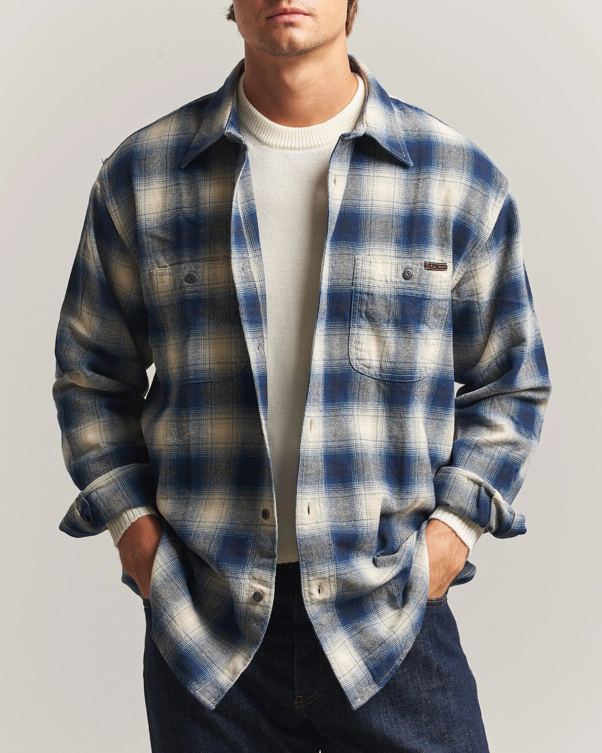 NUDIE JEANS JULIAN WORKER SHIRT IN CHECKED BLUE