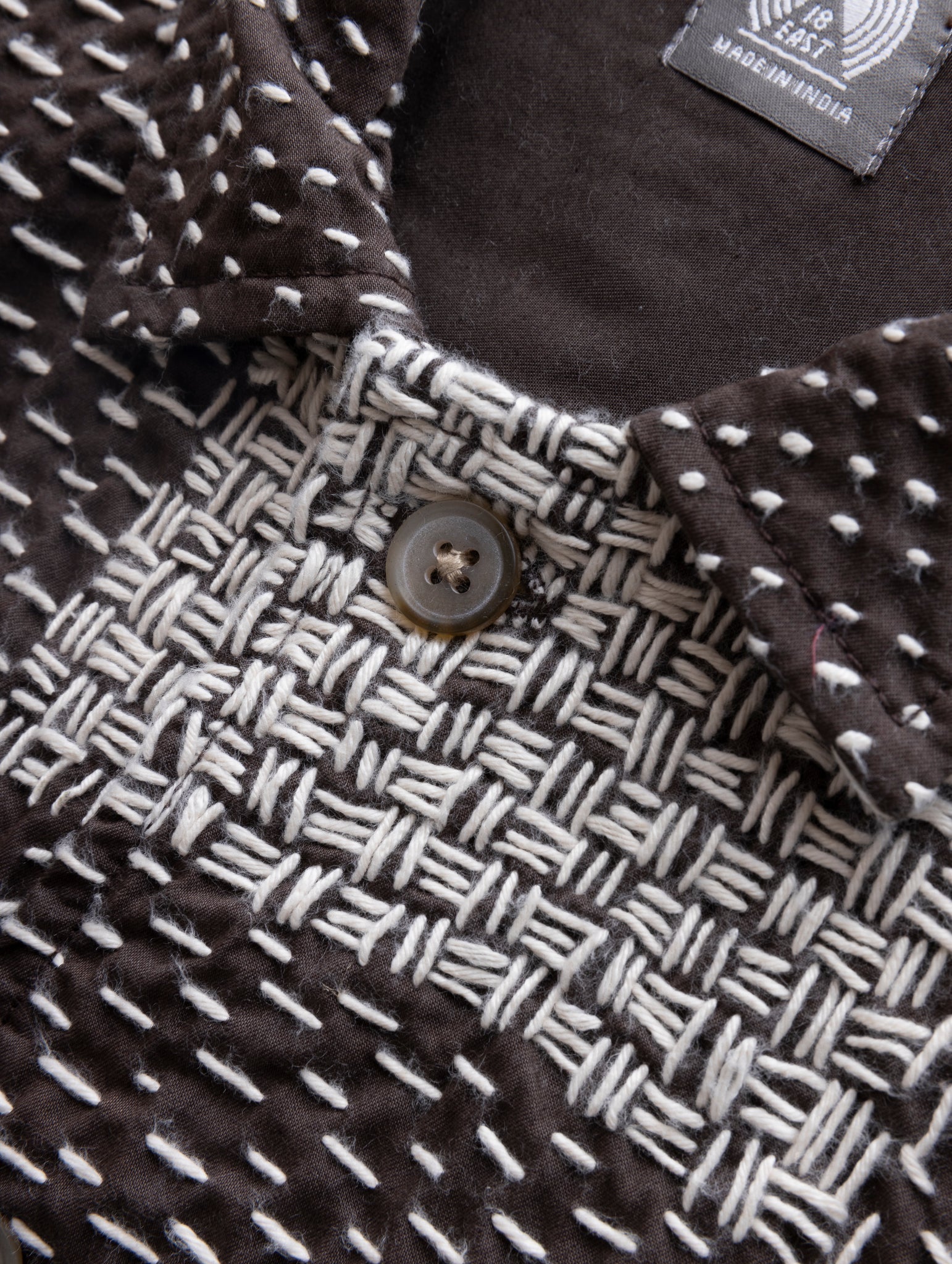 18 EAST SS SAM SHIRT IN FONDENTE BROWN / ECRU PATCHWORK KANTHA STITCHED COTTON in FONDENTE BROWN / ECRU PATCHWORK KANTHA STITCHED COTTON — view 2