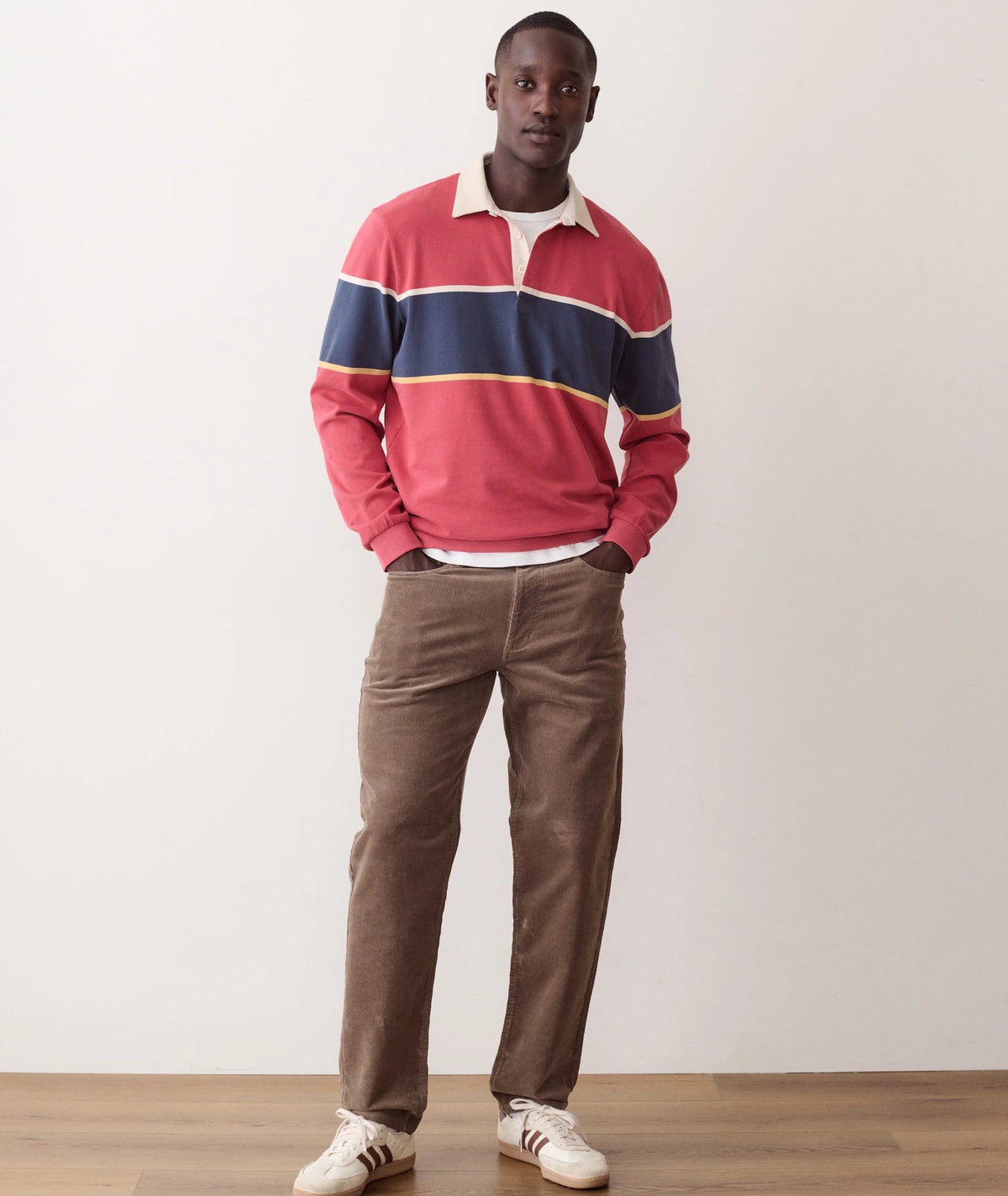 MARINE LAYER LUXE JERSEY RUGBY POLO IN GARNET ROSE
