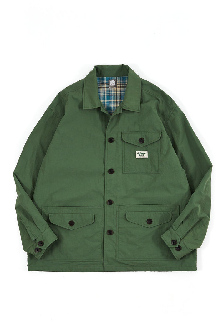 18 EAST POLLICA CHORE COAT IN SUMMER OLIVE MATTE NYLON RIPSTOP