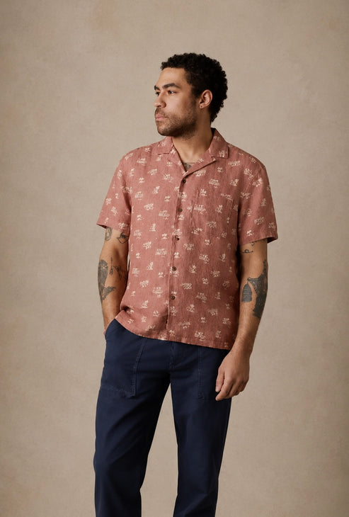 FAHERTY SS PALMA LINEN CAMP SHIRT IN SEDONA ISLAND SURF product view