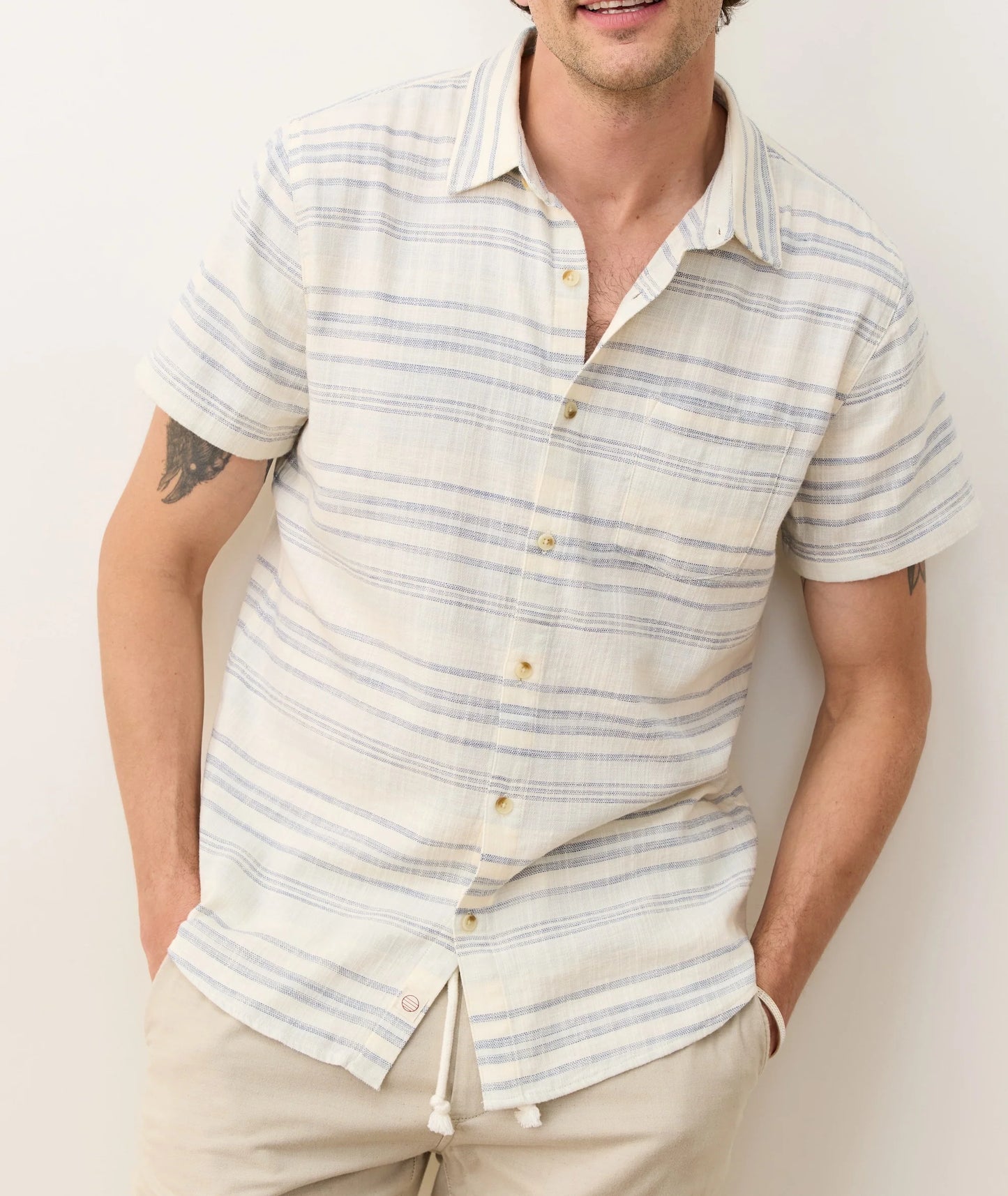 Marine Layer - MARINE LAYER STRETCH SELVAGE SHORT SLEEVE SHIRT IN COOL BAJA STRIPE - Rent With Thred
