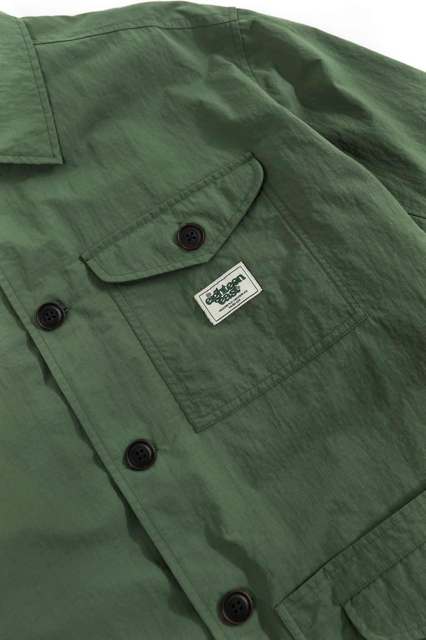 18 EAST POLLICA CHORE COAT IN SUMMER OLIVE MATTE NYLON RIPSTOP in SUMMER OLIVE MATTE NYLON RIPSTOP — view 3