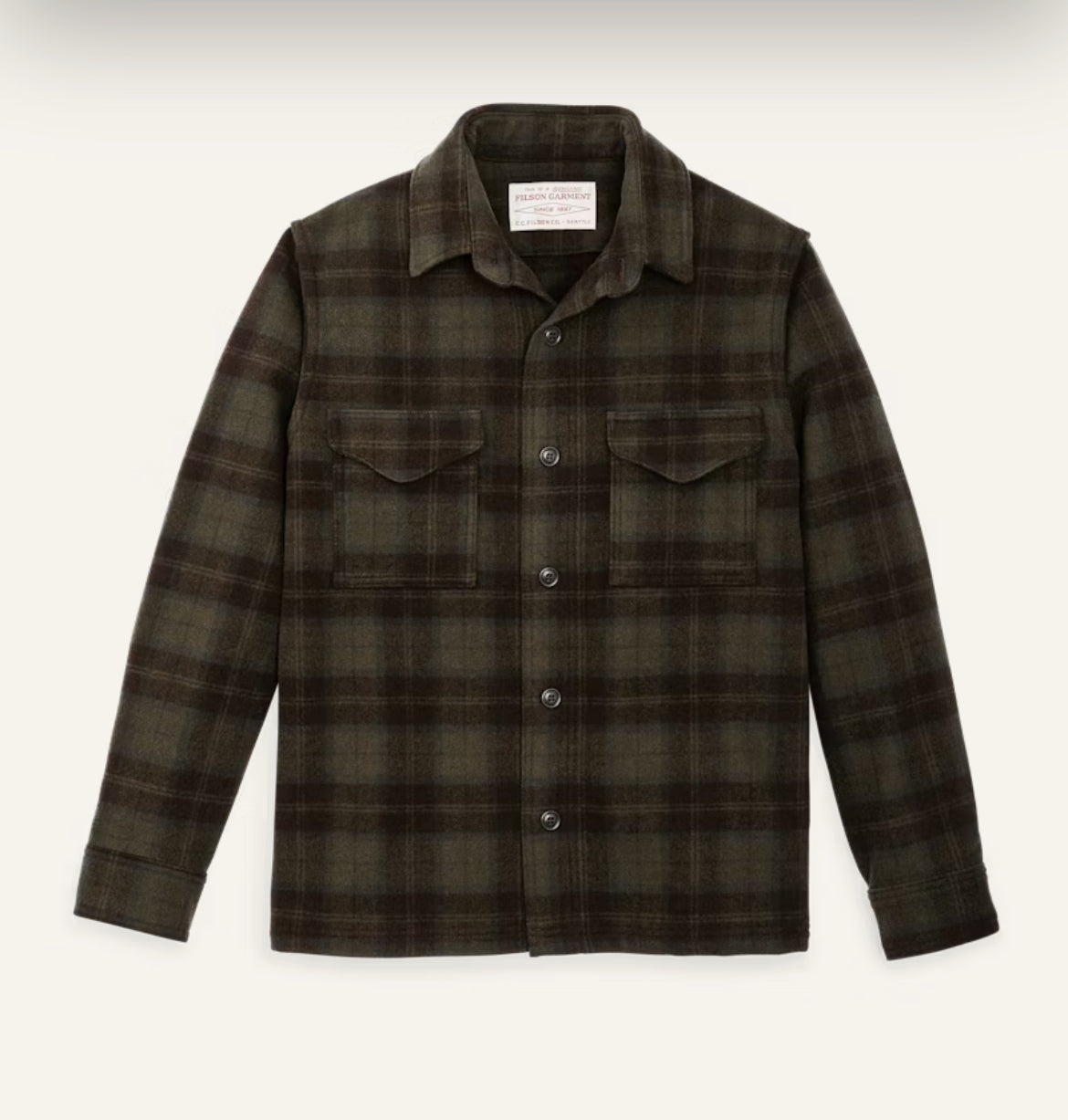 FILSON WOOL JAC-SHIRT IN OLIVE AND BROWN PLAID in OLIVE AND BROWN PLAID — main product view