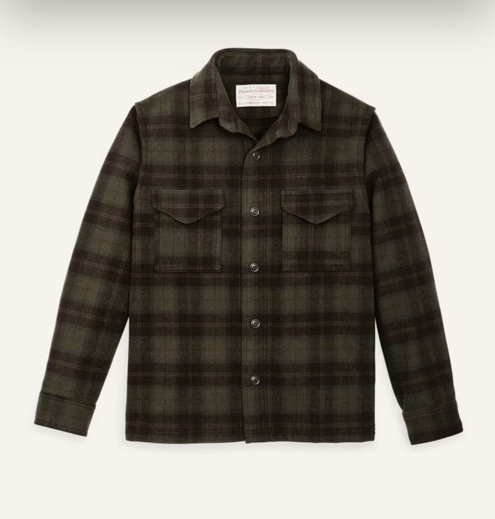 FILSON WOOL JAC-SHIRT IN OLIVE AND BROWN PLAID