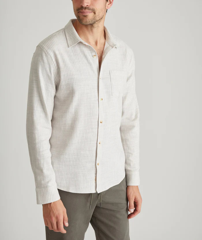 Marine Layer - MARINE LAYER CLASSIC STRETCH SELVAGE SHIRT IN GREY VERTICAL STRIPE - Rent With Thred