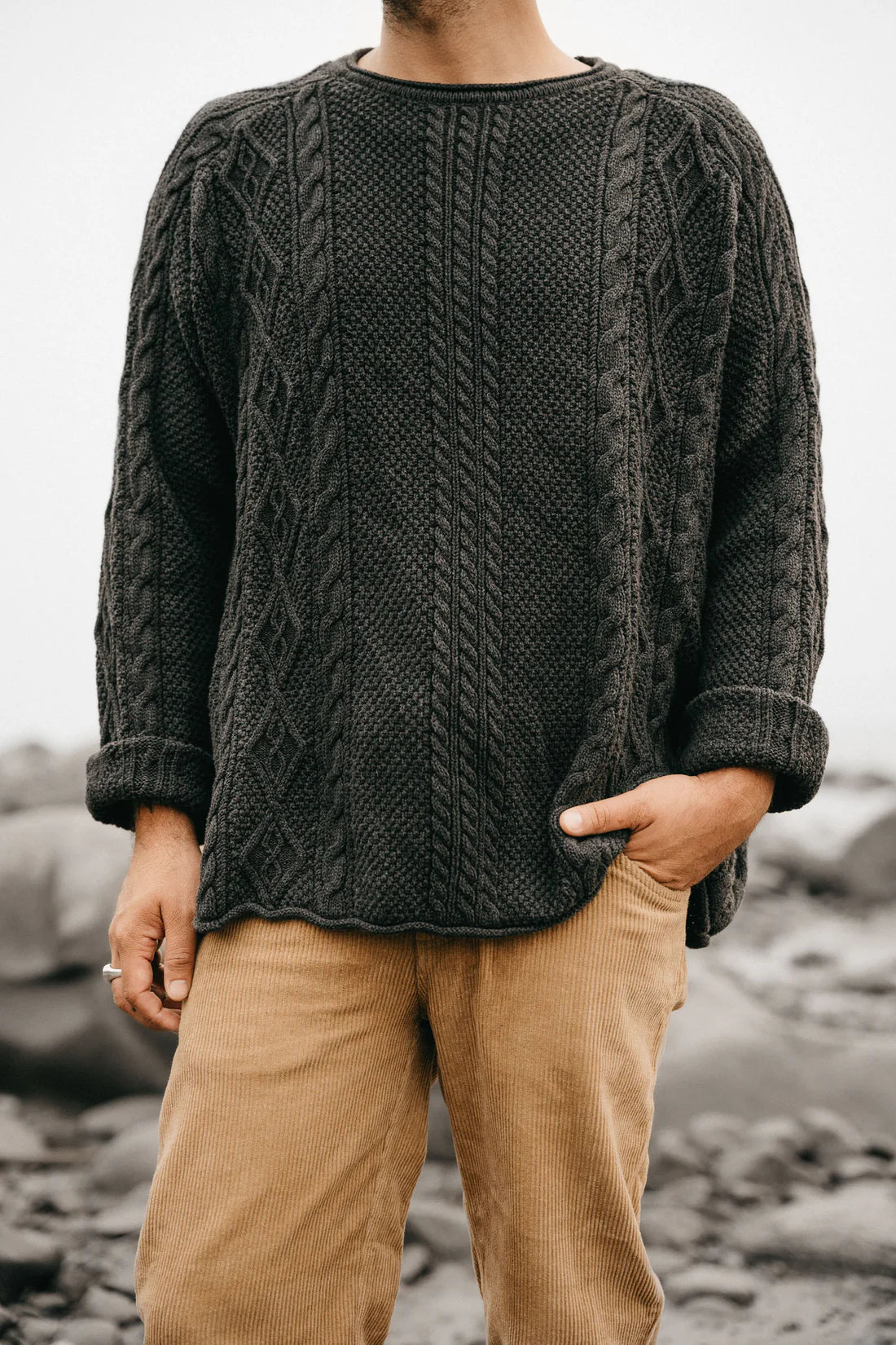 OTTWAY THE LABEL RORY CABLE KNIT SWEATER IN CHARCOAL