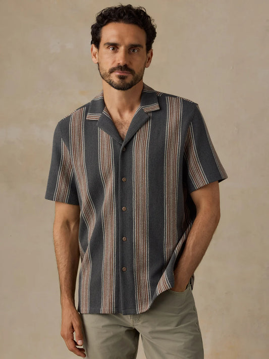 FAHERTY SS OASIS CAMP SHIRT IN CHARCOAL RUST STRIPE