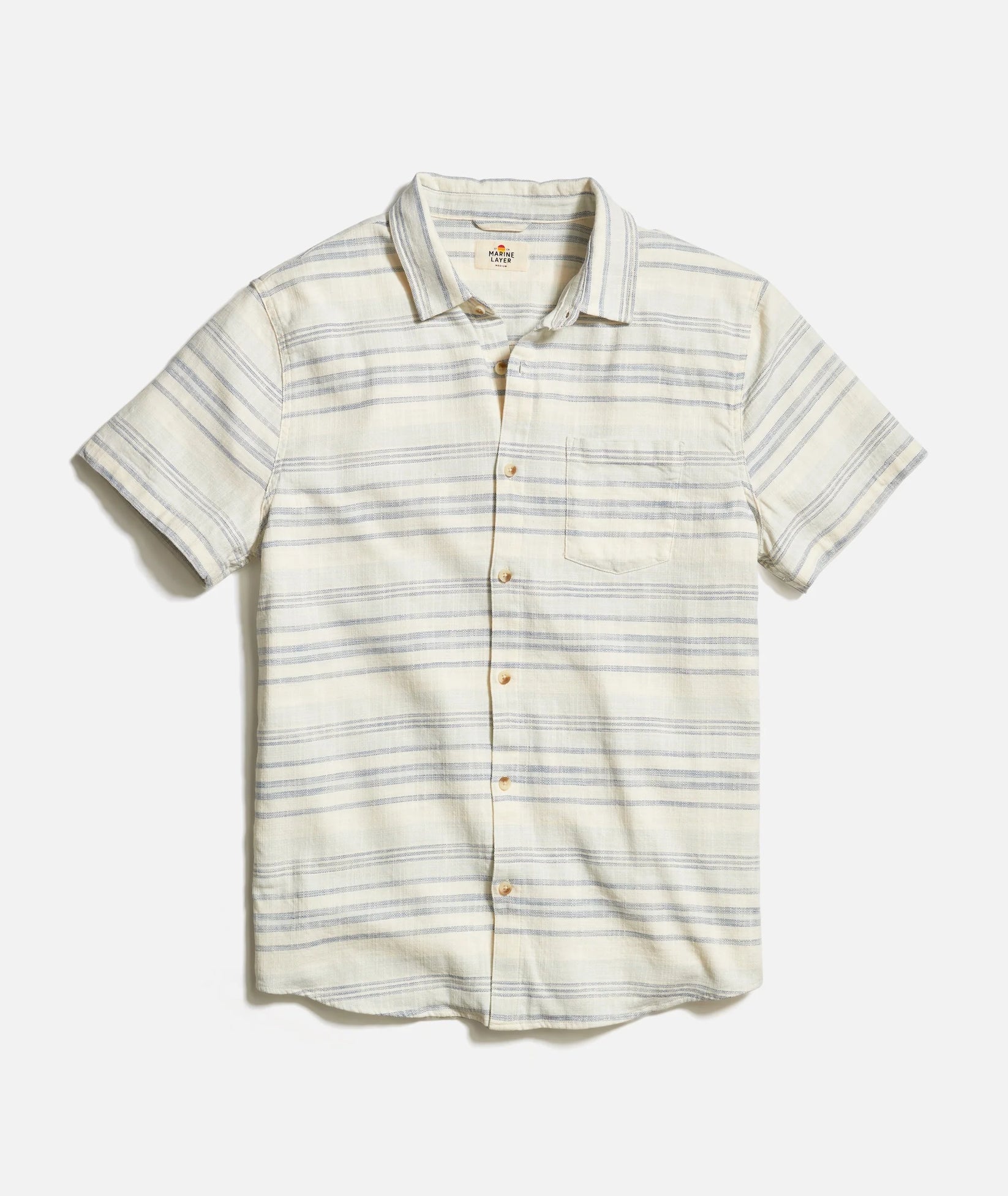 MARINE LAYER STRETCH SELVAGE SHORT SLEEVE SHIRT IN COOL BAJA STRIPE in COOL BAJA STRIPE — main product view