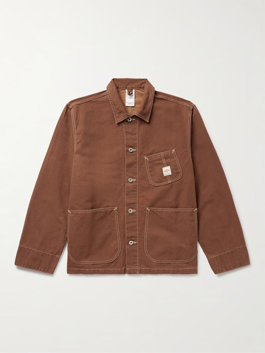 NUDIE JEANS HOWIE LOGO-APPLIQUÉD COTTON-CANVAS CHORE JACKET IN BROWN