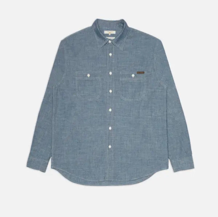 NUDIE JEANS JULIAN WORKER SHIRT IN CHAMBRAY BLUE