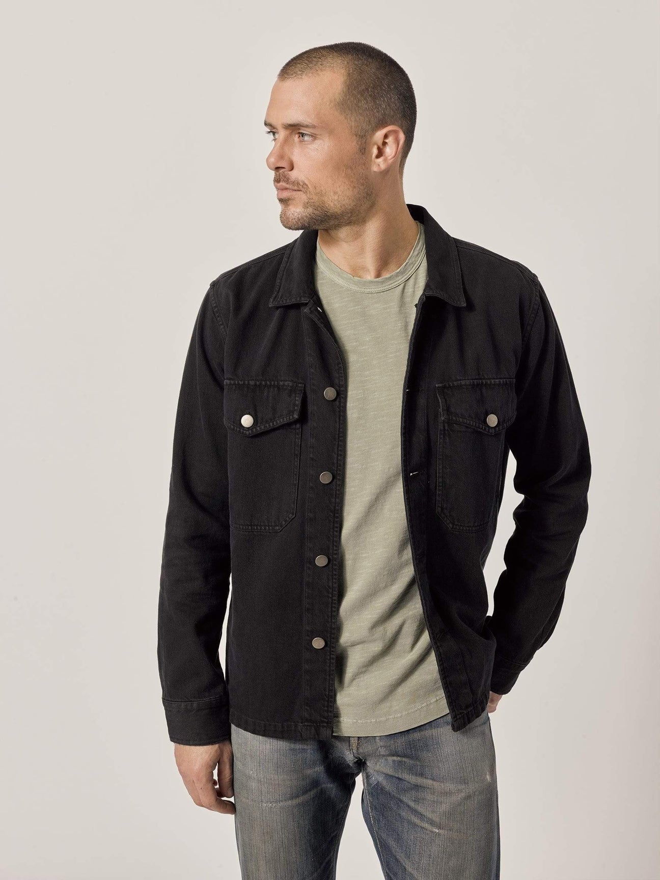BUCK MASON TWO POCKET FIELD SHIRT IN BLACK DENIM in BLACK DENIM — view 2