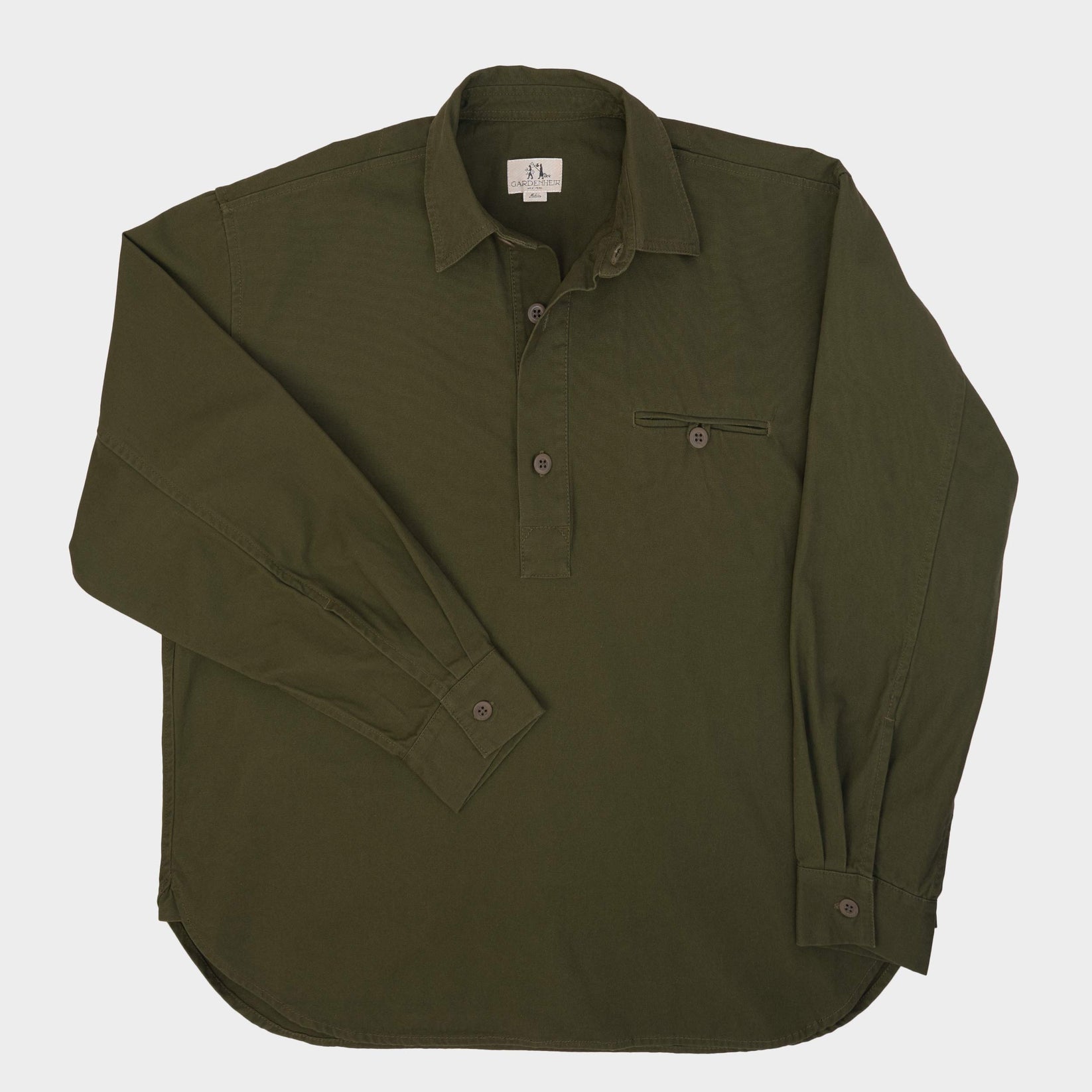 GARDENHEIR WASHED COTTON GARDENING SMOCK NO. 2 IN OLIVE in OLIVE — view 2