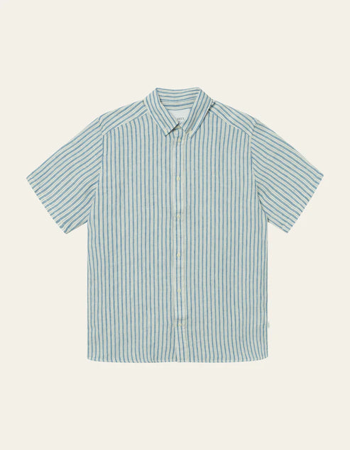 LES DEUX KRIS LINEN SS SHIRT IN WASHED DENIM BLUE AND IVORY product view