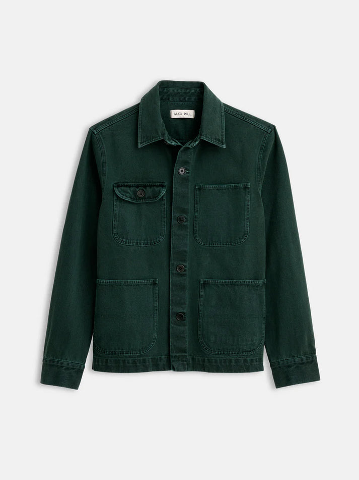 ALEX MILL GARMENT DYED WORK JACKET IN RECYCLED DENIM DARK SPRUCE