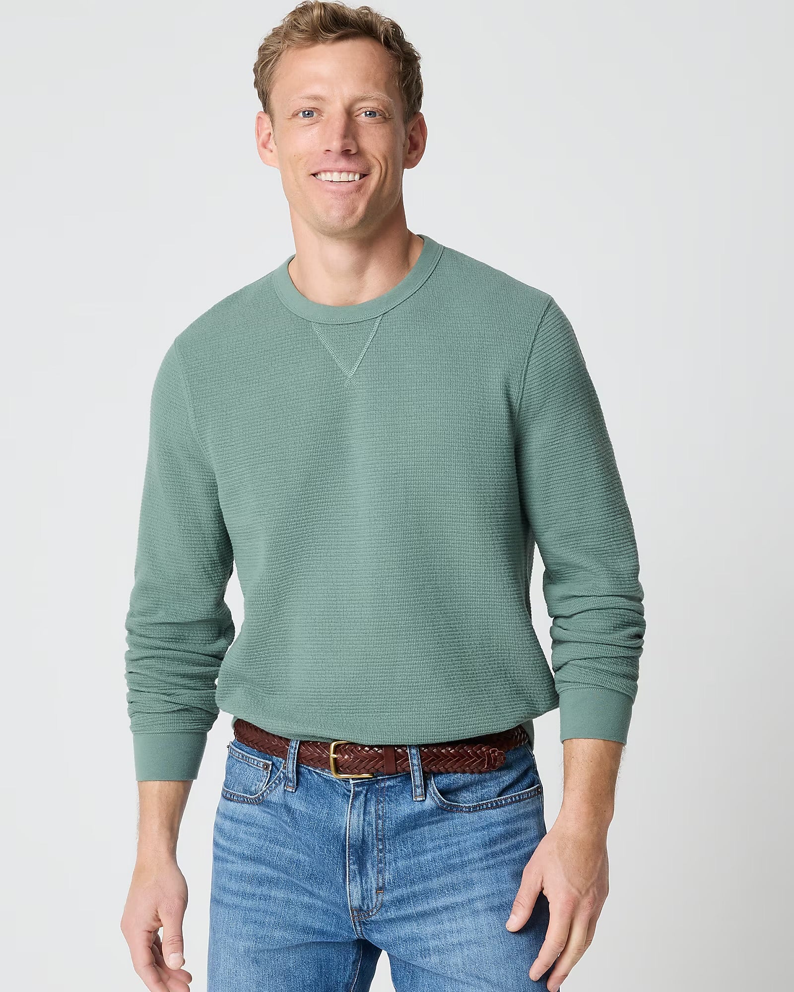 J. Crew J CREW WAFFLE-KNIT CREWNECK SWEATSHIRT IN VINTAGE LAUREL in VINTAGE LAUREL — view 2