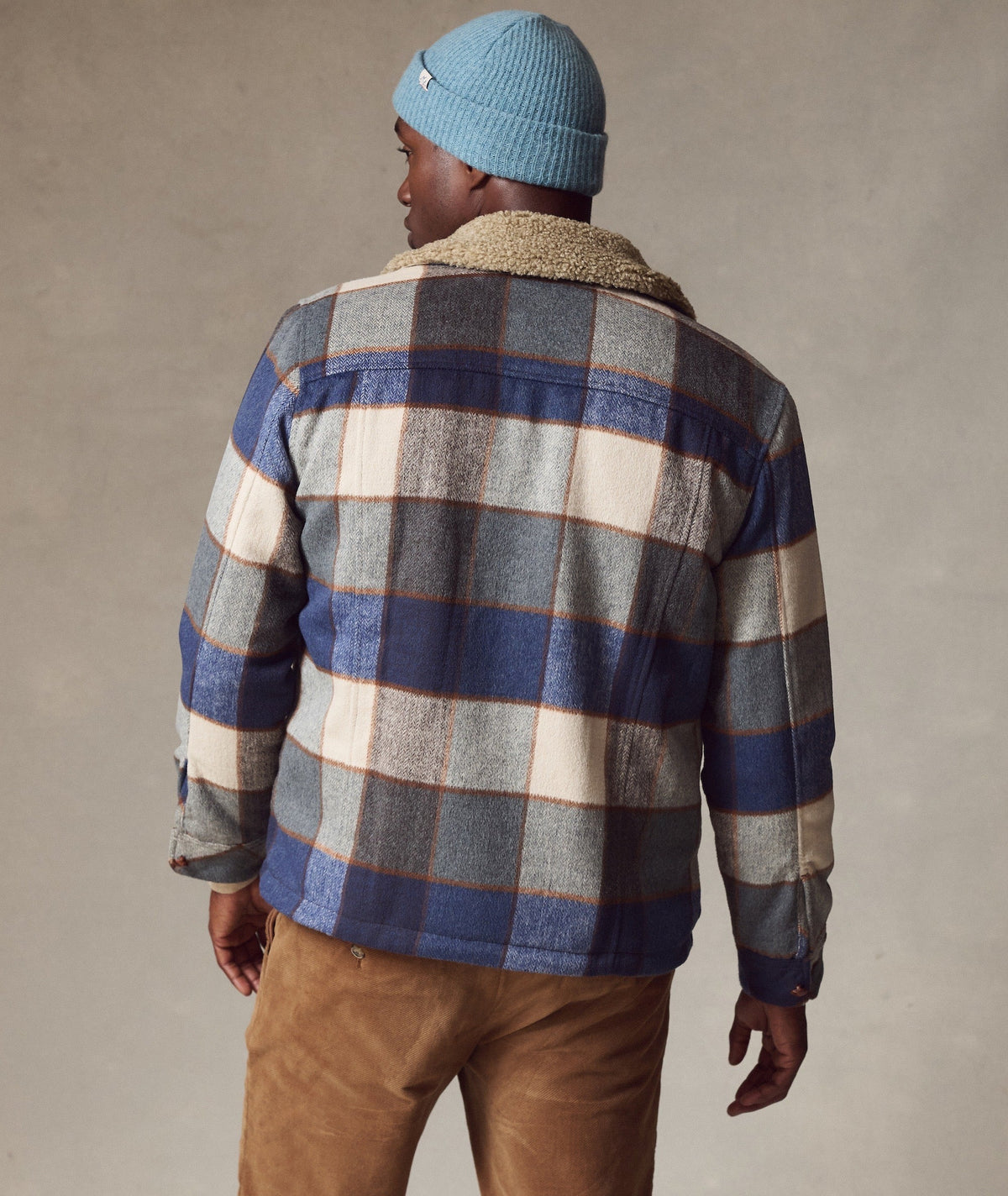 MARINE LAYER CASEY SHERPA JACKET IN NORDIC BLUE BUFFALO PLAID