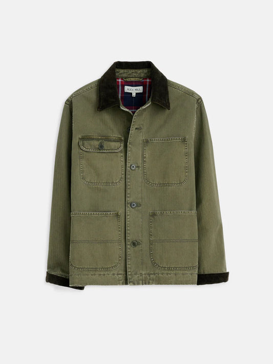 ALEX MILL LINED WORK JACKET IN COTTON HERRINGBONE FIELD OLIVE