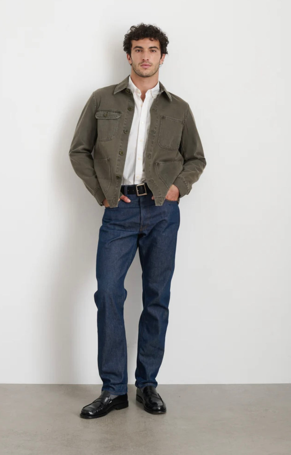 ALEX MILL GARMENT DYED WORK JACKET IN RECYCLED DENIM IN THYME in RECYCLED DENIM IN THYME — view 2