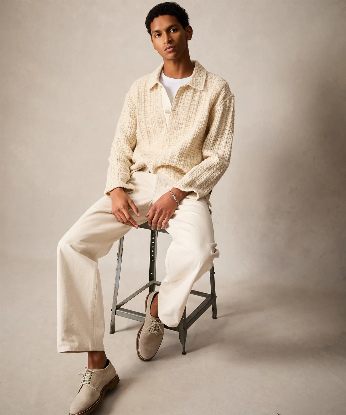 TODD SNYDER TEXTURED WOOL POLO IN NATURAL in NATURAL — view 4