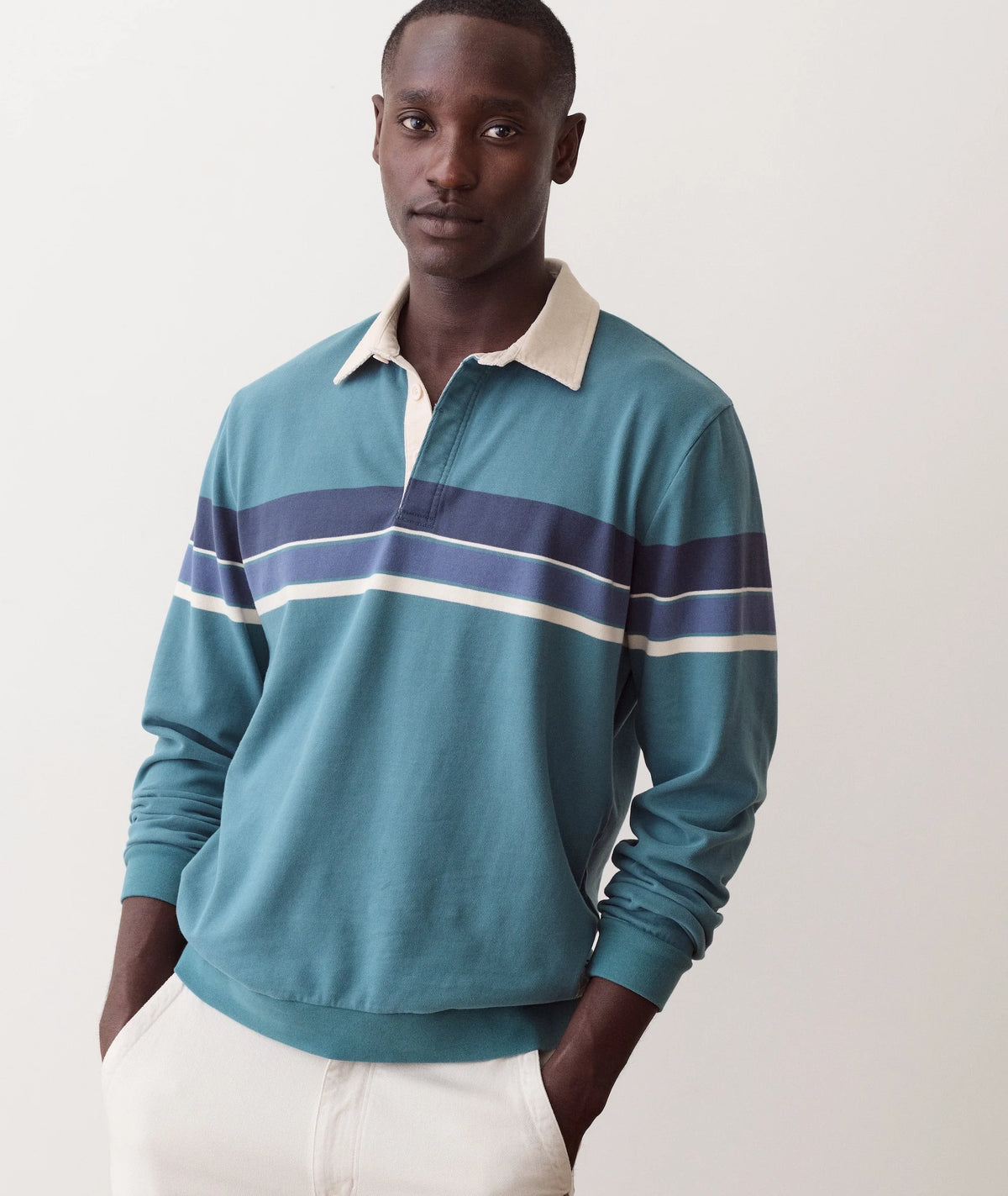 MARINE LAYER LUXE JERSEY RUGBY POLO IN HYDRO