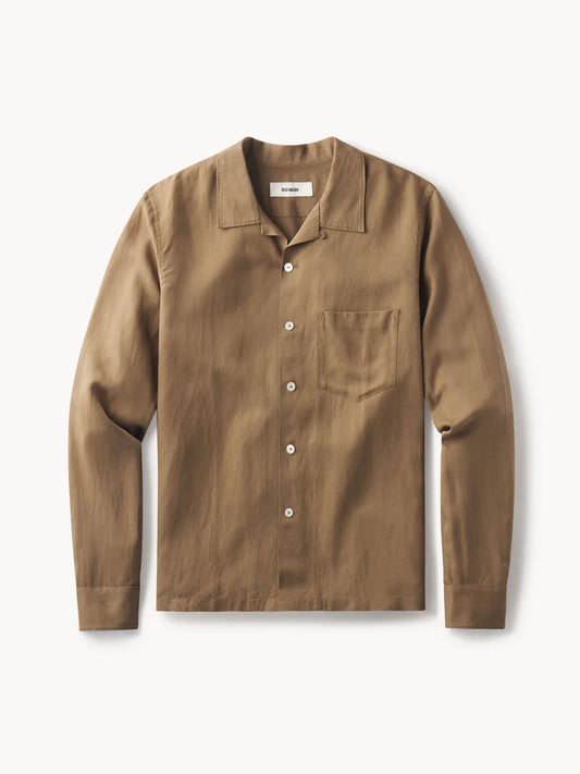 BUCK MASON DRAPED LINEN CAMP SHIRT IN TEAK