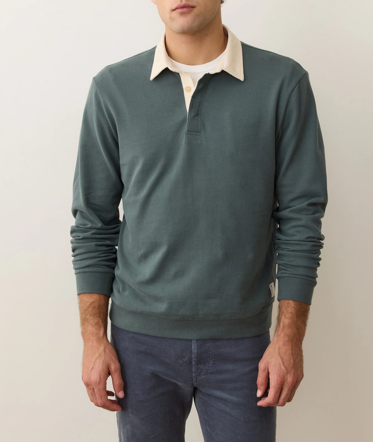 MARINE LAYER SUEDED RUGBY POLO IN BALSAM GREEN
