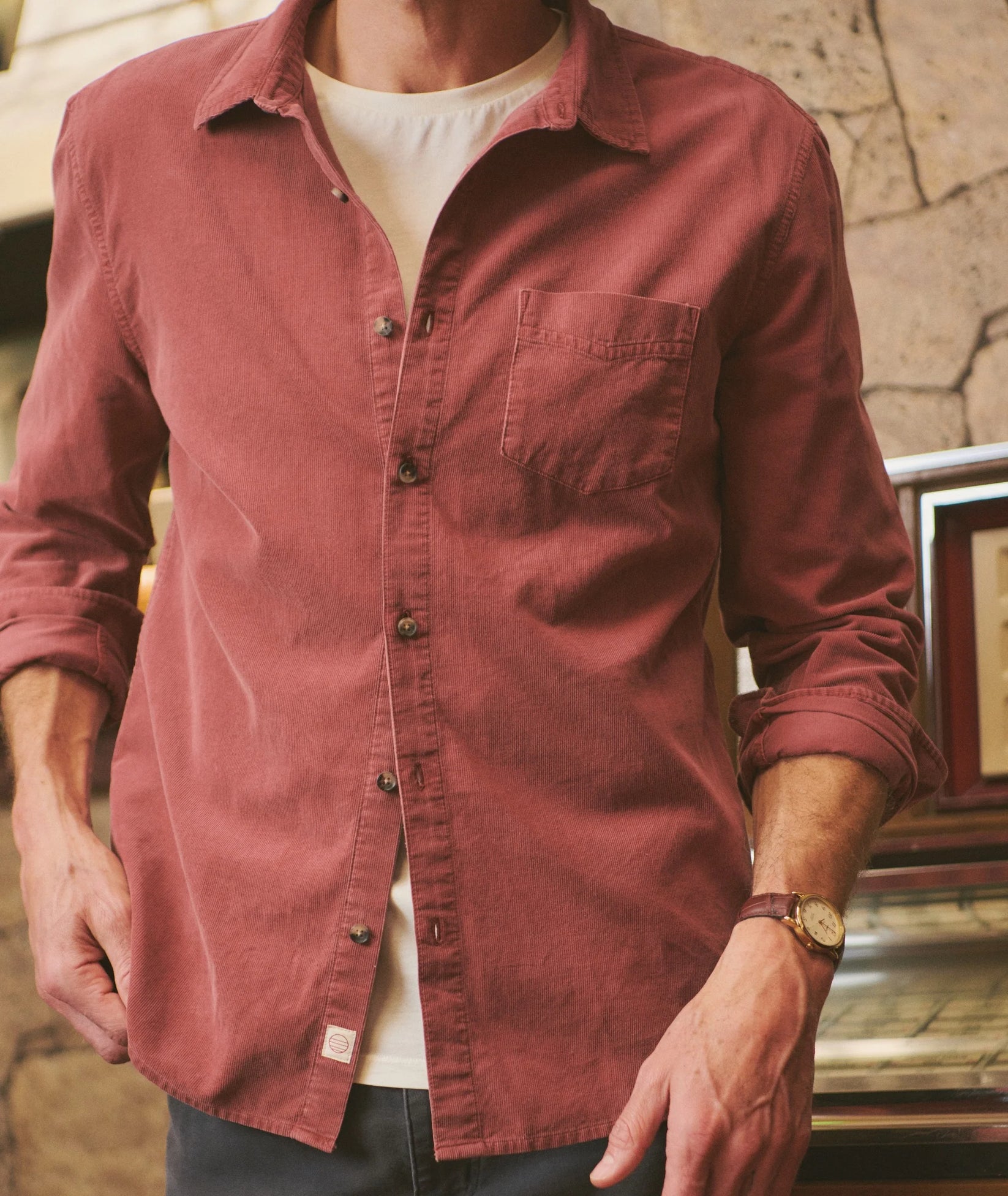 MARINE LAYER LIGHTWEIGHT CORDUROY SHIRT IN AUBURN in AUBURN — view 2