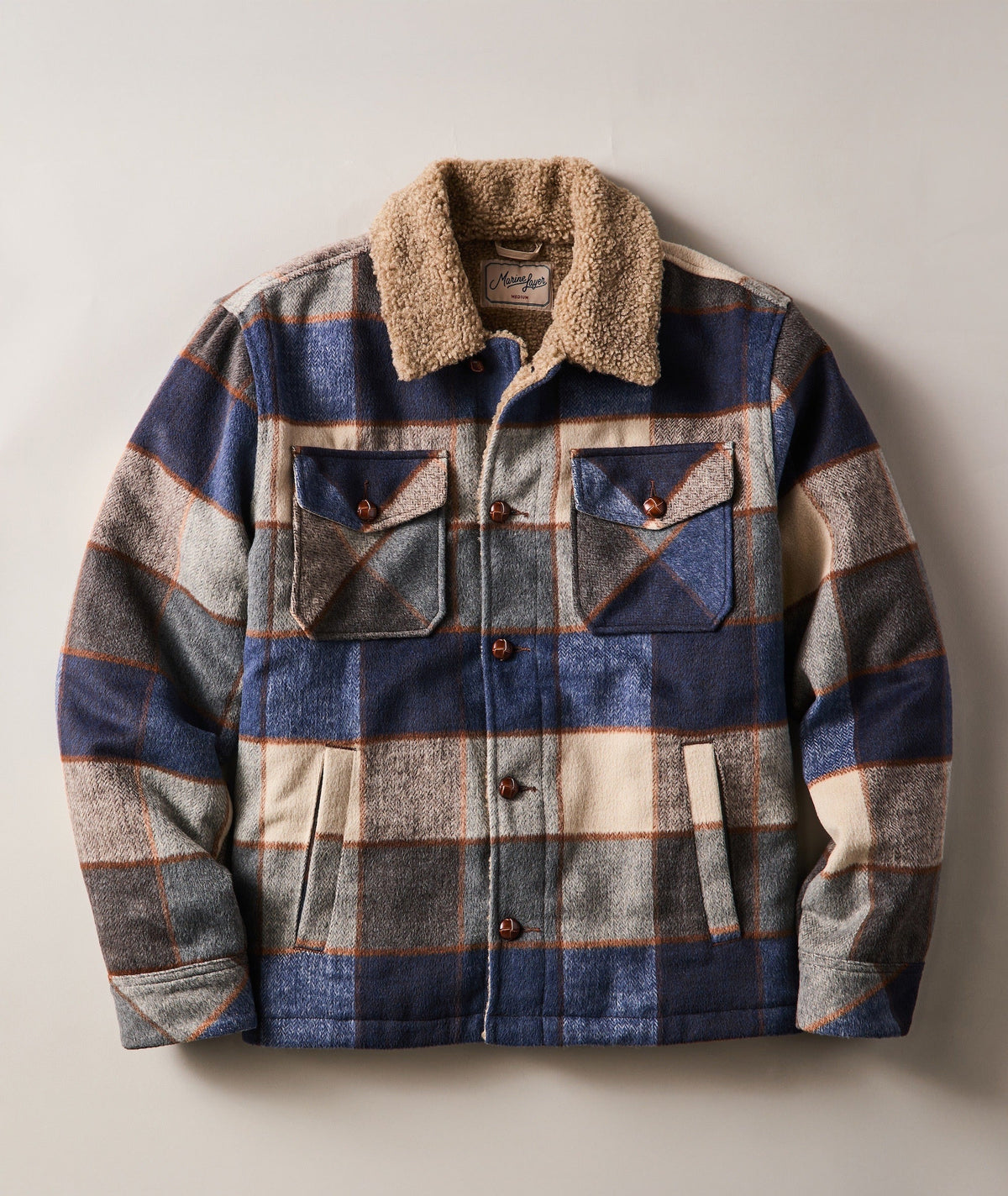 MARINE LAYER CASEY SHERPA JACKET IN NORDIC BLUE BUFFALO PLAID