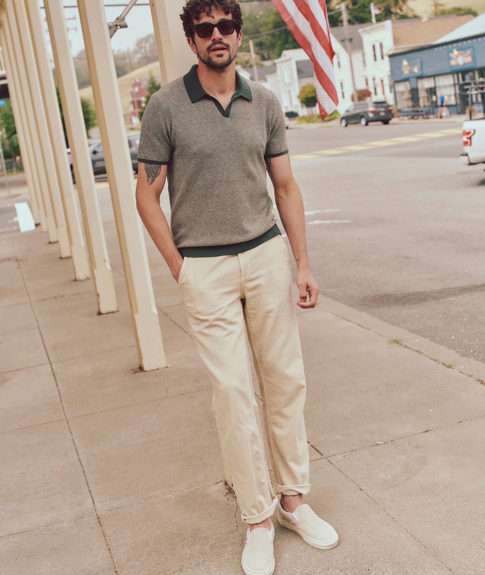 MARINE LAYER LIAM SWEATER POLO IN OLIVE/DRIFTWOOD in OLIVE/DRIFTWOOD — view 3