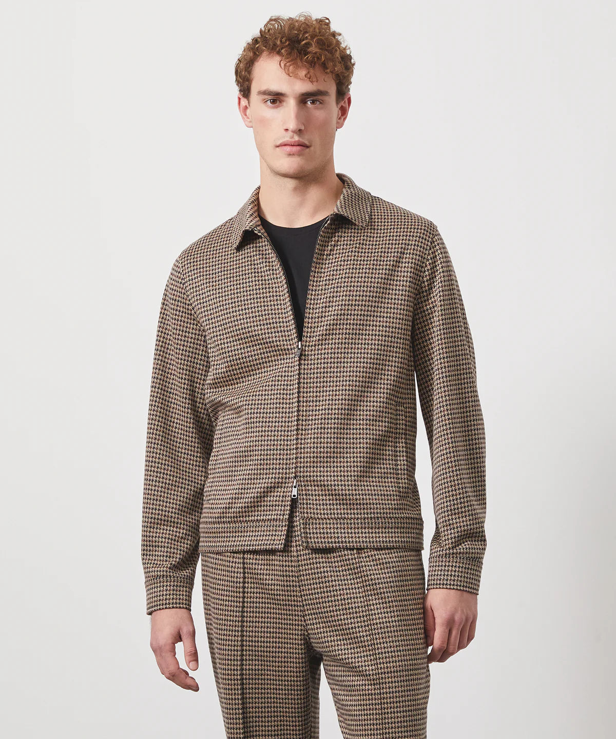 TODD SNYDER HOUNDSTOOTH ZIP JACKET IN DARK WHEAT in DARK WHEAT — view 2