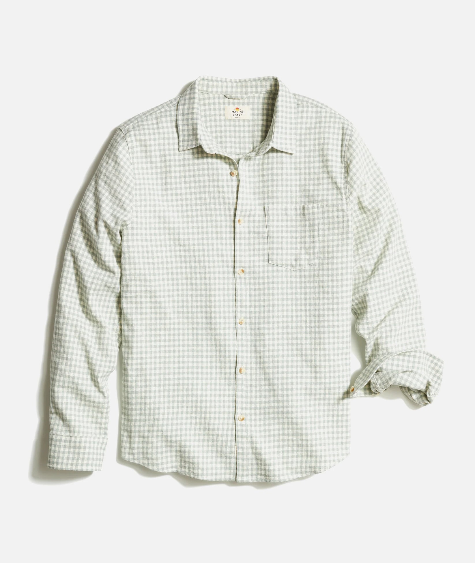 MARINE LAYER CLASSIC STRETCH SELVAGE SHIRT IN GREEN GINGHAM in GREEN GINGHAM — main product view