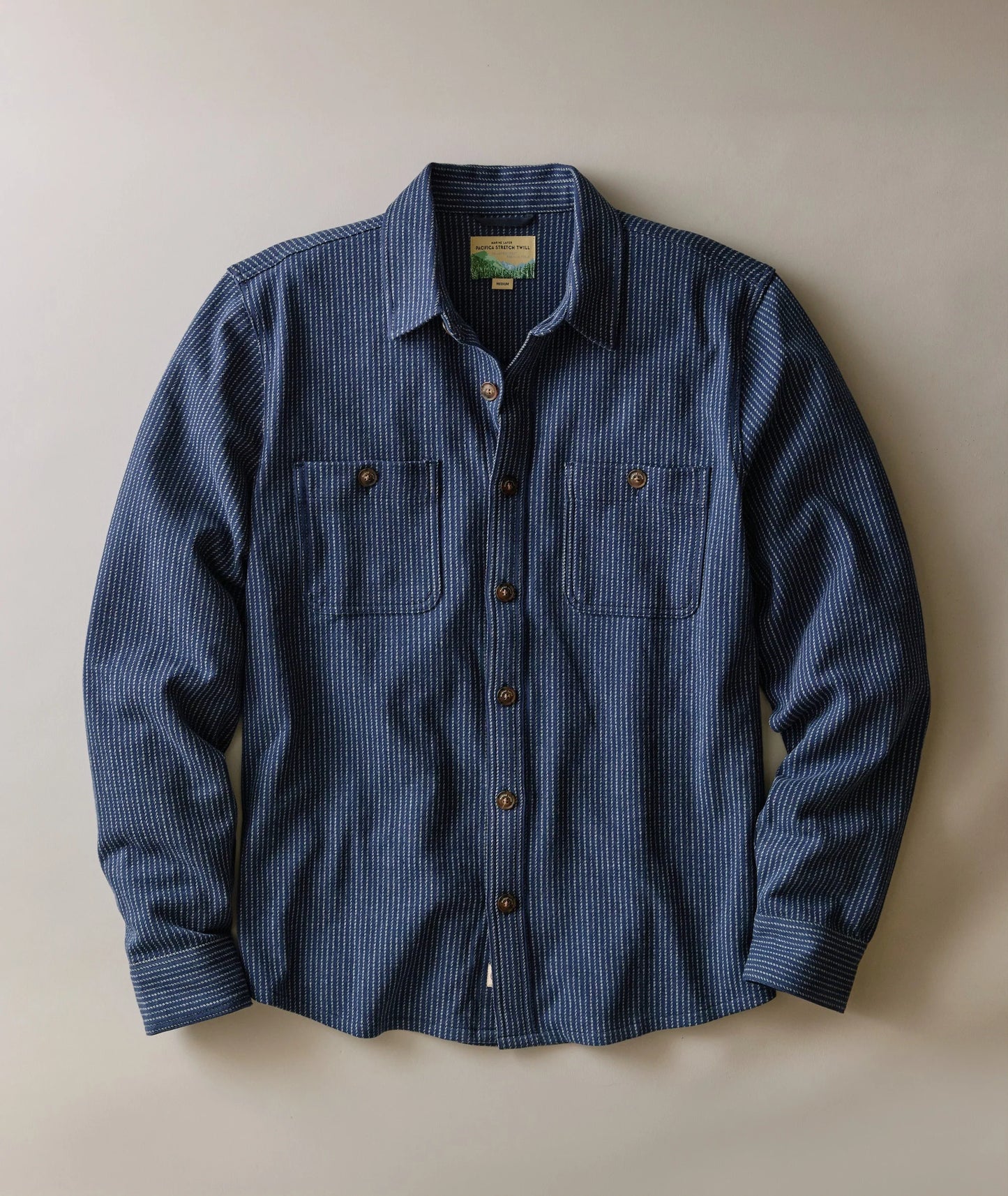 MARINE LAYER PACIFICA STRETCH TWILL OVERSHIRT IN NAVY RAILROAD STRIPE