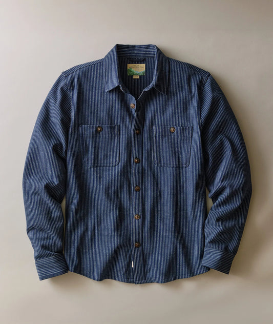 MARINE LAYER PACIFICA STRETCH TWILL OVERSHIRT IN NAVY RAILROAD STRIPE